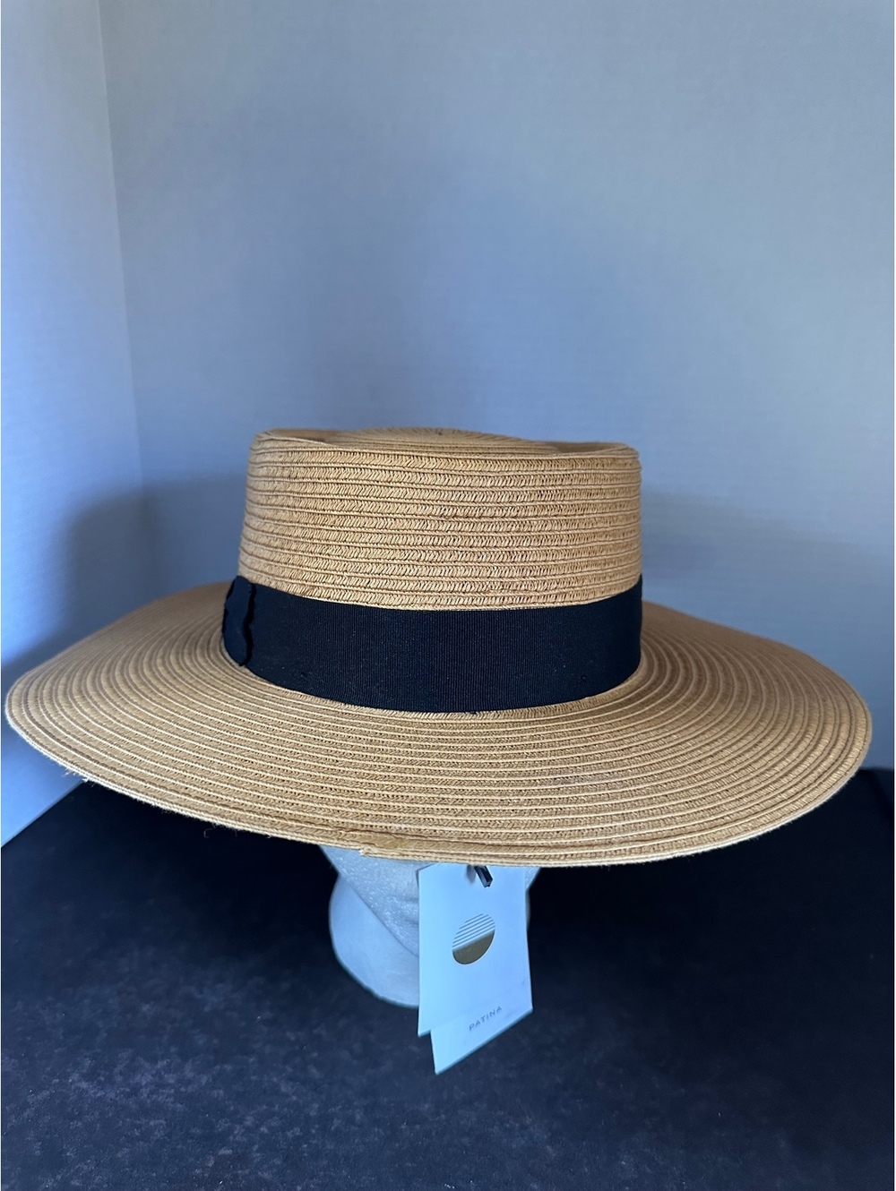 Patina The Juno Wide Brim Paper Braid Sun Hat Beige Black Band XL NWT